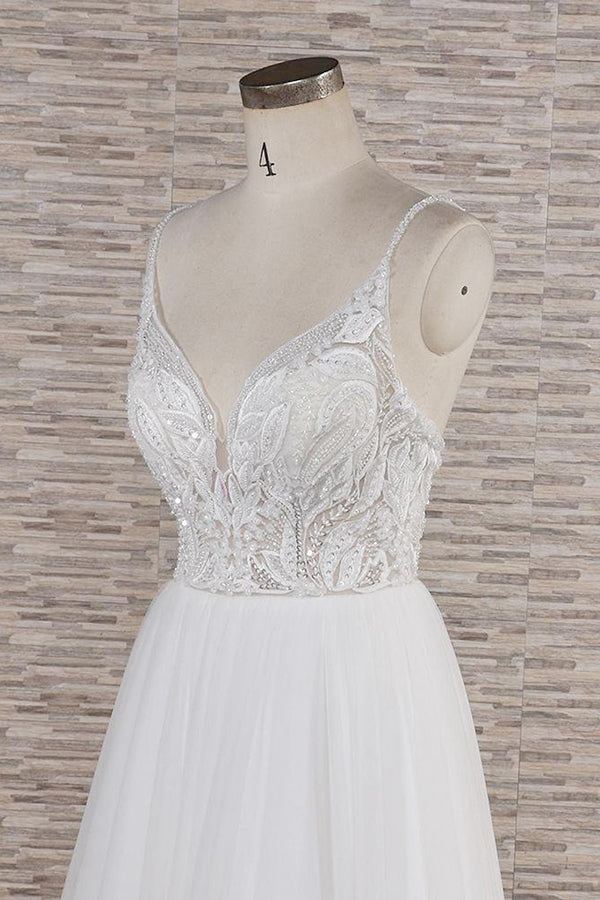 Glamorous V-neck Spaghetti Straps White Wedding Dresses A-line Sleeveless Tulle Lace Bridal Gowns Online