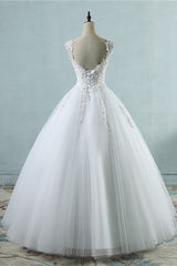 Glamorous V-Neck Tulle Lace Beadings Wedding Dress Appliques Tulle Bridal Gowns with Rhinestones