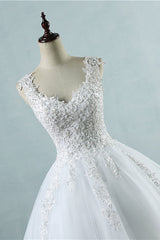 Glamorous V-Neck Tulle Lace Beadings Wedding Dress Appliques Tulle Bridal Gowns with Rhinestones