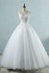 Glamorous V-Neck Tulle Lace Beadings Wedding Dress Appliques Tulle Bridal Gowns with Rhinestones