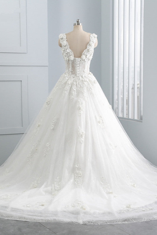 Glamorous V-Neck Tulle Wedding Dress with Flowers Appliques Sleeveless Beadings Bridal Gowns Online