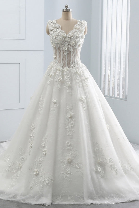 Glamorous V-Neck Tulle Wedding Dress with Flowers Appliques Sleeveless Beadings Bridal Gowns Online