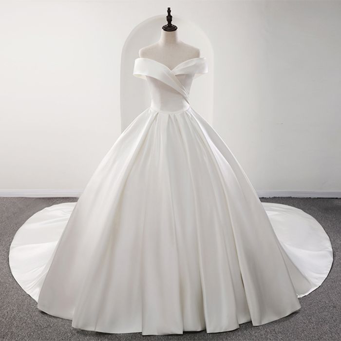 Glamorous White Satin Ruffles Wedding Dresses Off-the-shoulder A-line Bridal Gowns Online