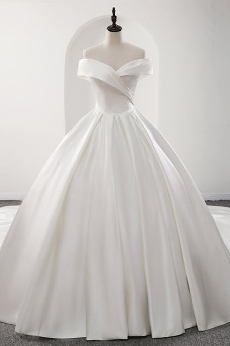 Glamorous White Satin Ruffles Wedding Dresses Off-the-shoulder A-line Bridal Gowns Online