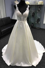 Glamorous White Satin V-Neck Wedding Dress A-Line Halter Bridal Gowns On Sale