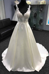 Glamorous White Satin V-Neck Wedding Dress A-Line Halter Bridal Gowns On Sale