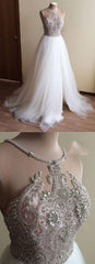 Glamorous White Tulle Crystal Beaded Wedding Dress Halter Seeveless Bridal Gowns On Sale