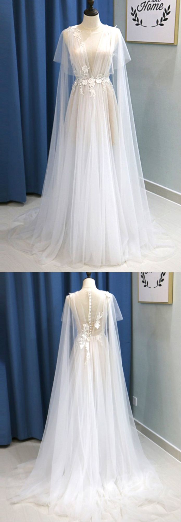 Glamorous White Tulle V-Neck Beach Wedding Dress A Line Flower Bridal Gowns On Sale