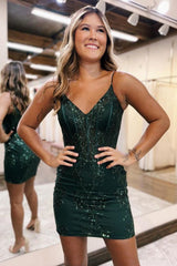 Glittery Sparkling Bodycon Zipper-Back Spaghetti Strap Short Homecoming Dress