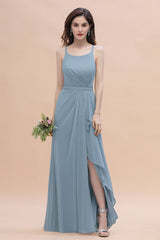 Gorgeous A-Line Straps Dusty Blue Chiffon Bridesmaid Dress with Ruffles On Sale