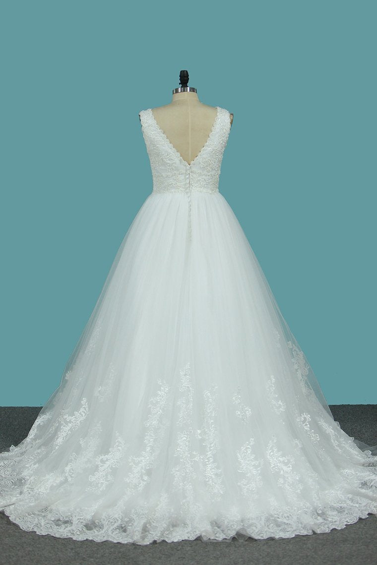 Gorgeous A-Line Tulle Wedding Dress Sleeveless Lace Pearls Bridal Gowns On Sale