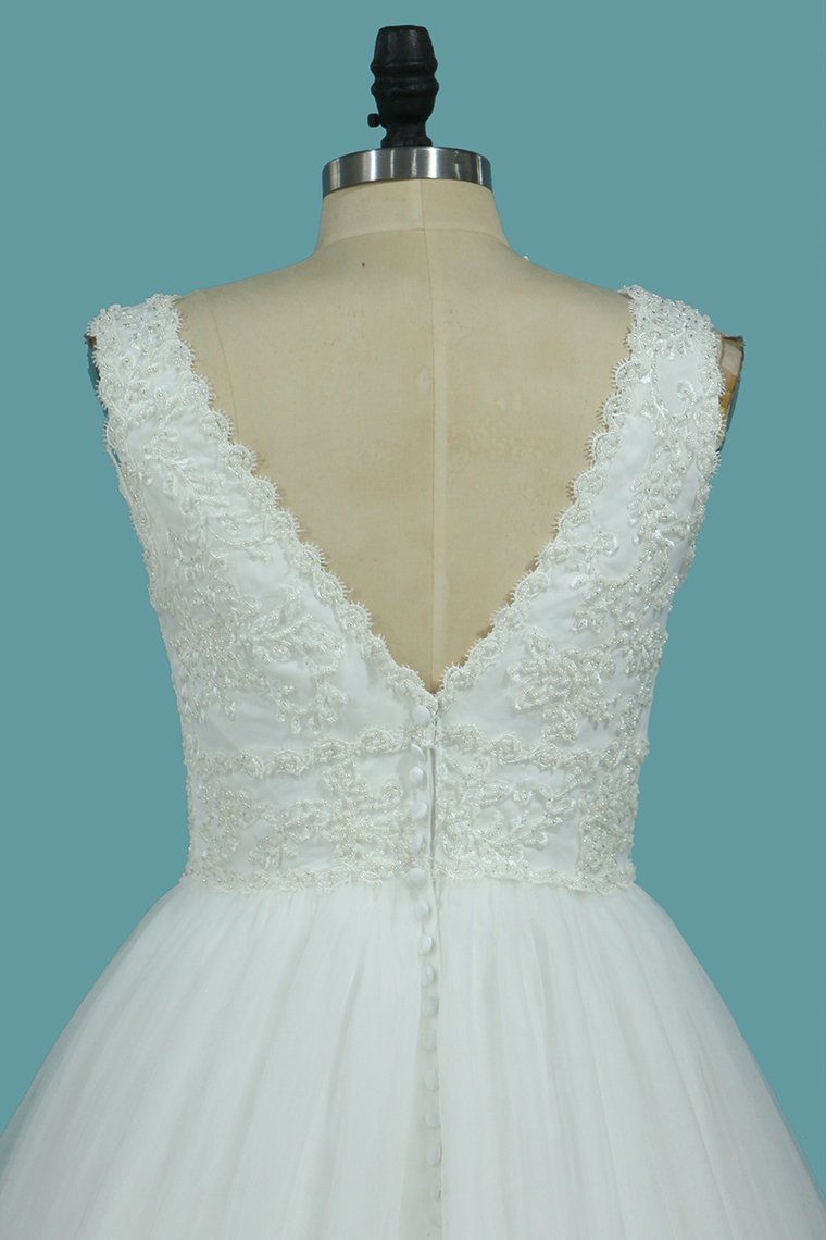 Gorgeous A-Line Tulle Wedding Dress Sleeveless Lace Pearls Bridal Gowns On Sale