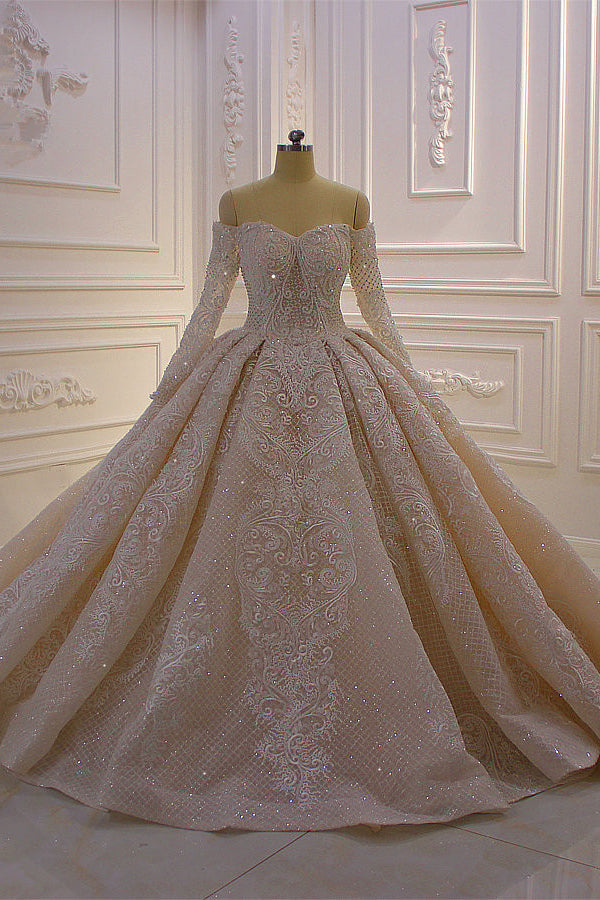 Gorgeous Ball Gown Strapless Sequins Wedding Dress Long Sleeves Tulle Lace Bridal Gowns On Sale