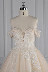 Gorgeous Ball Gown Tulle Lace Wedding Dress Champagne Appliques Off-the-Shoulder Bridal Gowns with Beadings On Sale