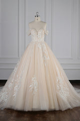 Gorgeous Ball Gown Tulle Lace Wedding Dress Champagne Appliques Off-the-Shoulder Bridal Gowns with Beadings On Sale