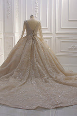 Gorgeous Ball Gown V-neck Wedding Dress Long Sleeves Applqiues Sequined Bridal Gowns Online