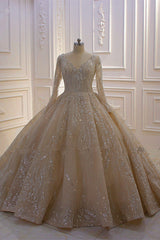 Gorgeous Ball Gown V-neck Wedding Dress Long Sleeves Applqiues Sequined Bridal Gowns Online