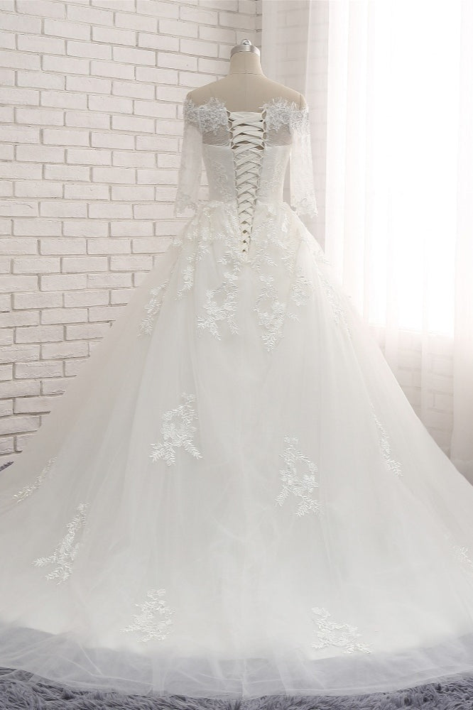 Gorgeous Bateau Halfsleeves White Wedding Dresses With Appliques A-line Tulle Ruffles Bridal Gowns Online