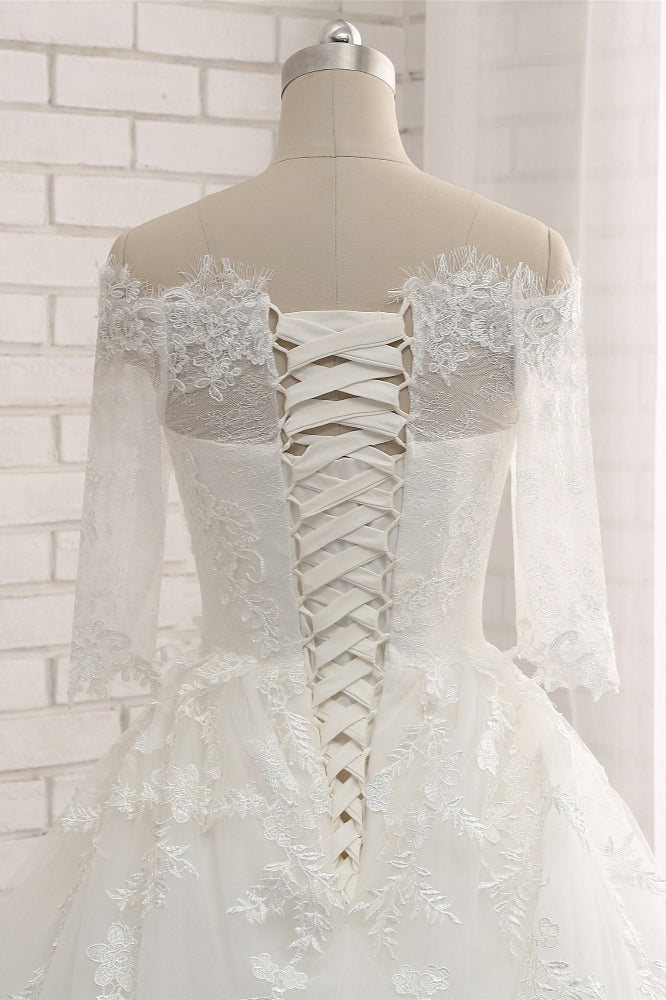 Gorgeous Bateau Halfsleeves White Wedding Dresses With Appliques A-line Tulle Ruffles Bridal Gowns Online