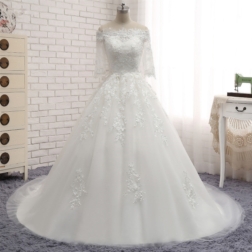 Gorgeous Bateau Halfsleeves White Wedding Dresses With Appliques A-line Tulle Ruffles Bridal Gowns Online