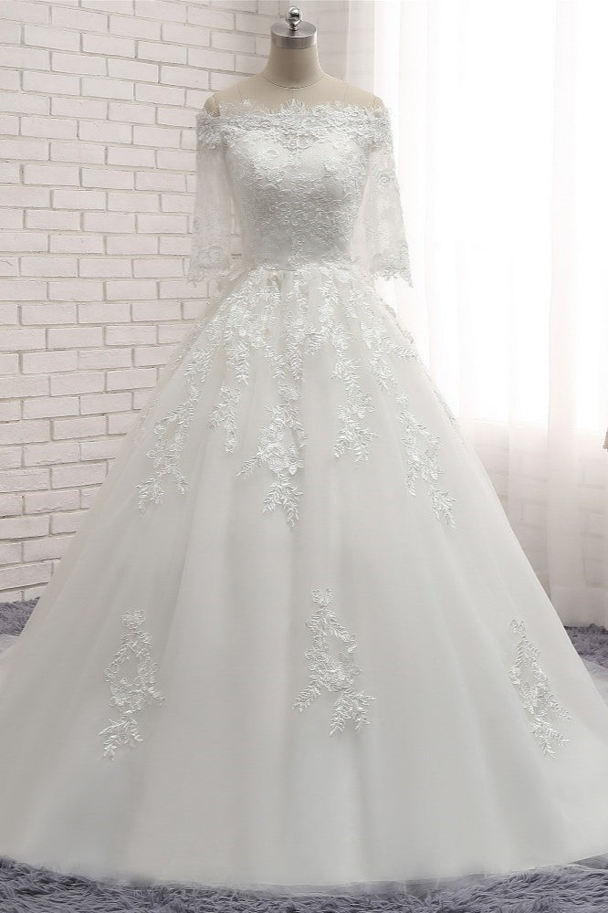 Gorgeous Bateau Halfsleeves White Wedding Dresses With Appliques A-line Tulle Ruffles Bridal Gowns Online