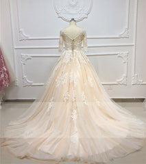 Gorgeous Champagne Tulle Half Sleeve Long Wedding Dress White Lace Applique Bridal Gowns On Sale