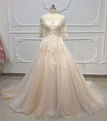 Gorgeous Champagne Tulle Half Sleeve Long Wedding Dress White Lace Applique Bridal Gowns On Sale