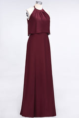 Gorgeous Chiffon Flounced Crinkle Sheath Long Burgundy Bridesmaid Dresses