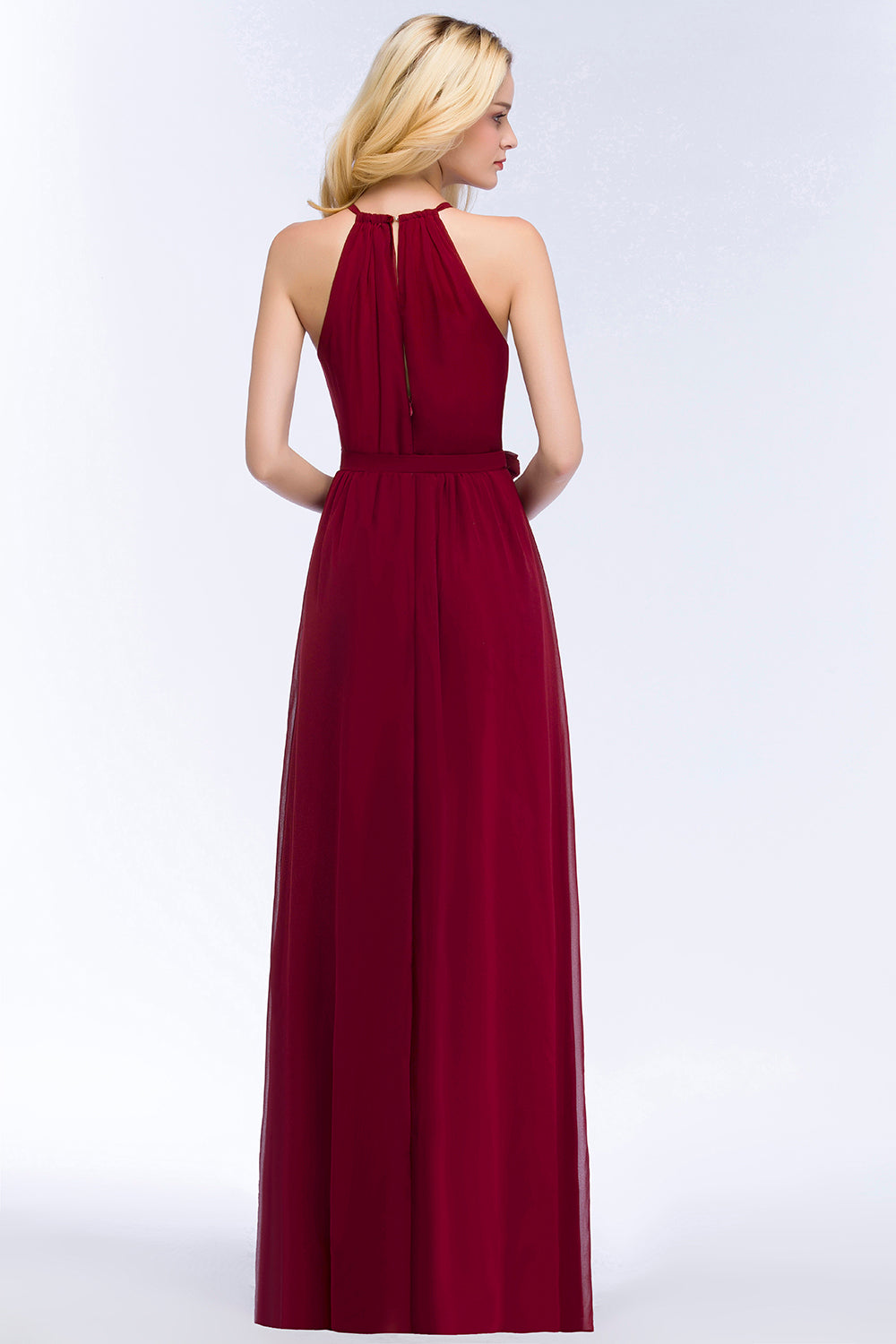 Gorgeous Chiffon Halter Deep V-Neck Burgundy Bridesmaid Dresses Affordable