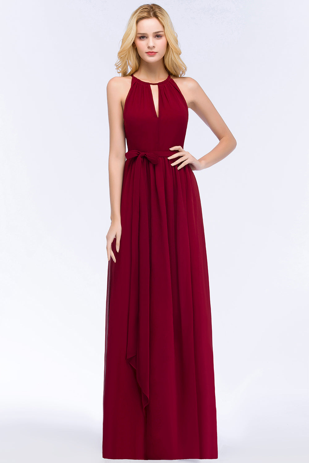 Gorgeous Chiffon Halter Deep V-Neck Burgundy Bridesmaid Dresses Affordable