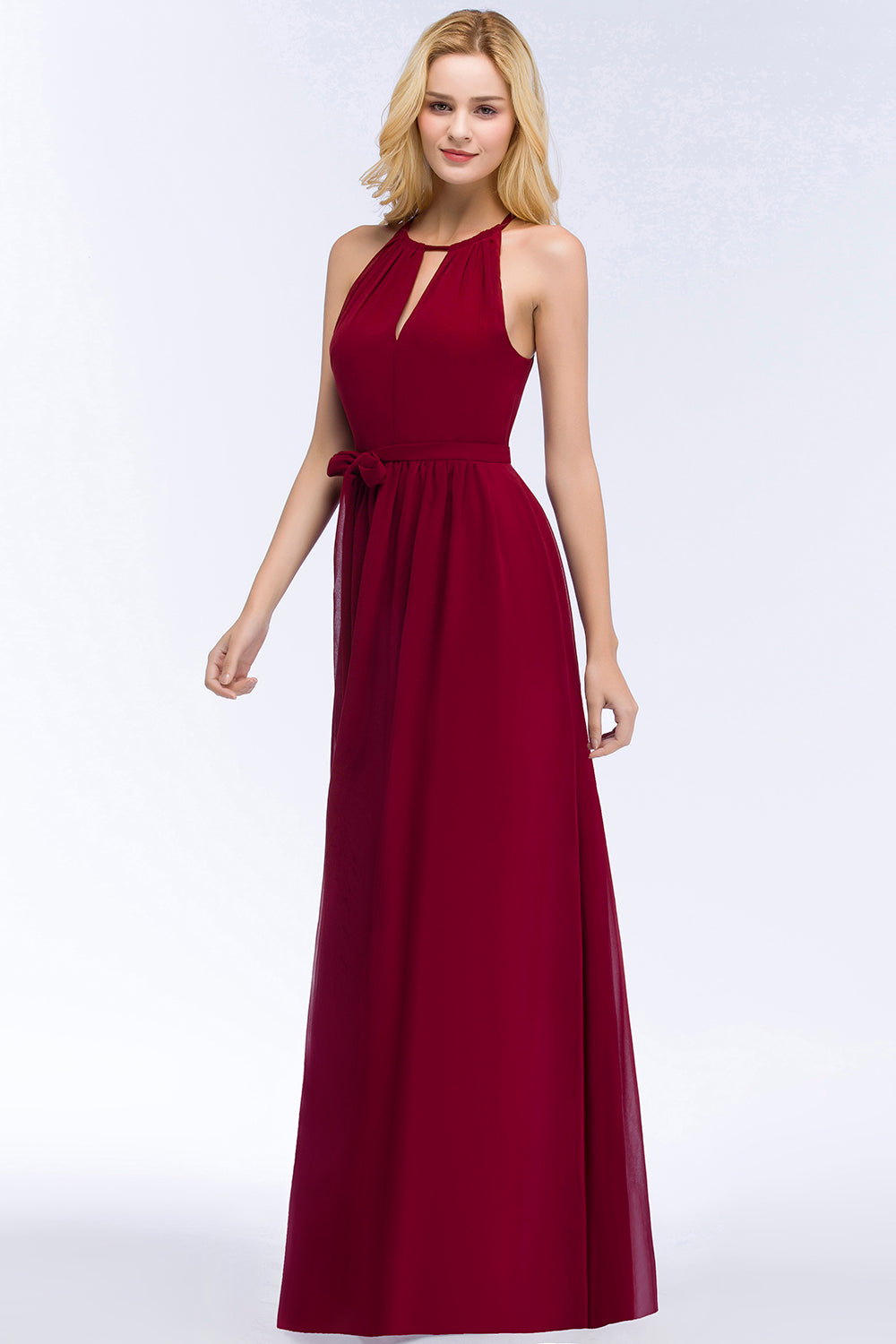 Gorgeous Chiffon Halter Deep V-Neck Burgundy Bridesmaid Dresses Affordable