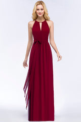 Gorgeous Chiffon Halter Deep V-Neck Burgundy Bridesmaid Dresses Affordable