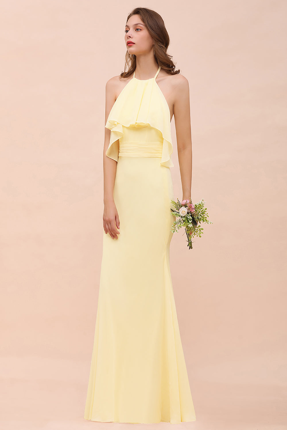 Gorgeous Daffodil Mermaid Halter Ruffle Bridesmaid Dress