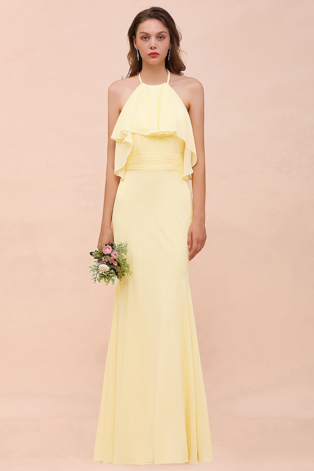 Gorgeous Daffodil Mermaid Halter Ruffle Bridesmaid Dress