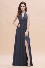 Gorgeous Halter Chiffon Ruffles Bridesmaid Dress with Front Slit Online