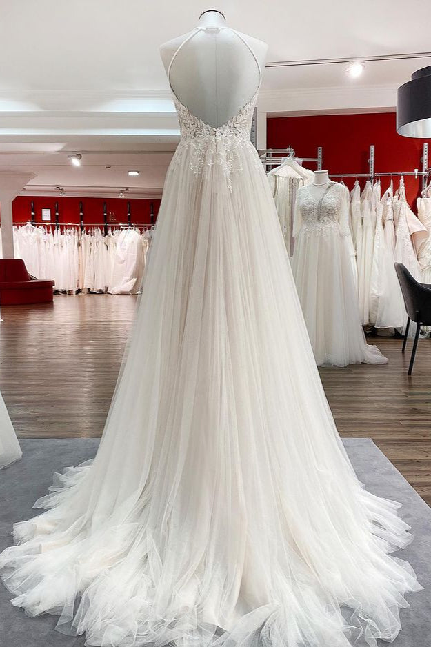 Gorgeous Halter Sleeveless Tulle Ivory Wedding Dresses With Lace