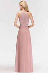 Gorgeous High-Neck Halter Lace Affordable Bridesmaid Dress with Ruffle