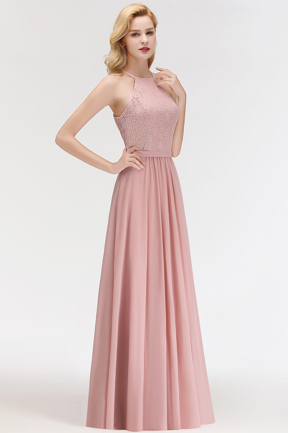 Gorgeous High-Neck Halter Lace Affordable Bridesmaid Dress with Ruffle