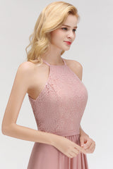 Gorgeous High-Neck Halter Lace Affordable Bridesmaid Dress with Ruffle