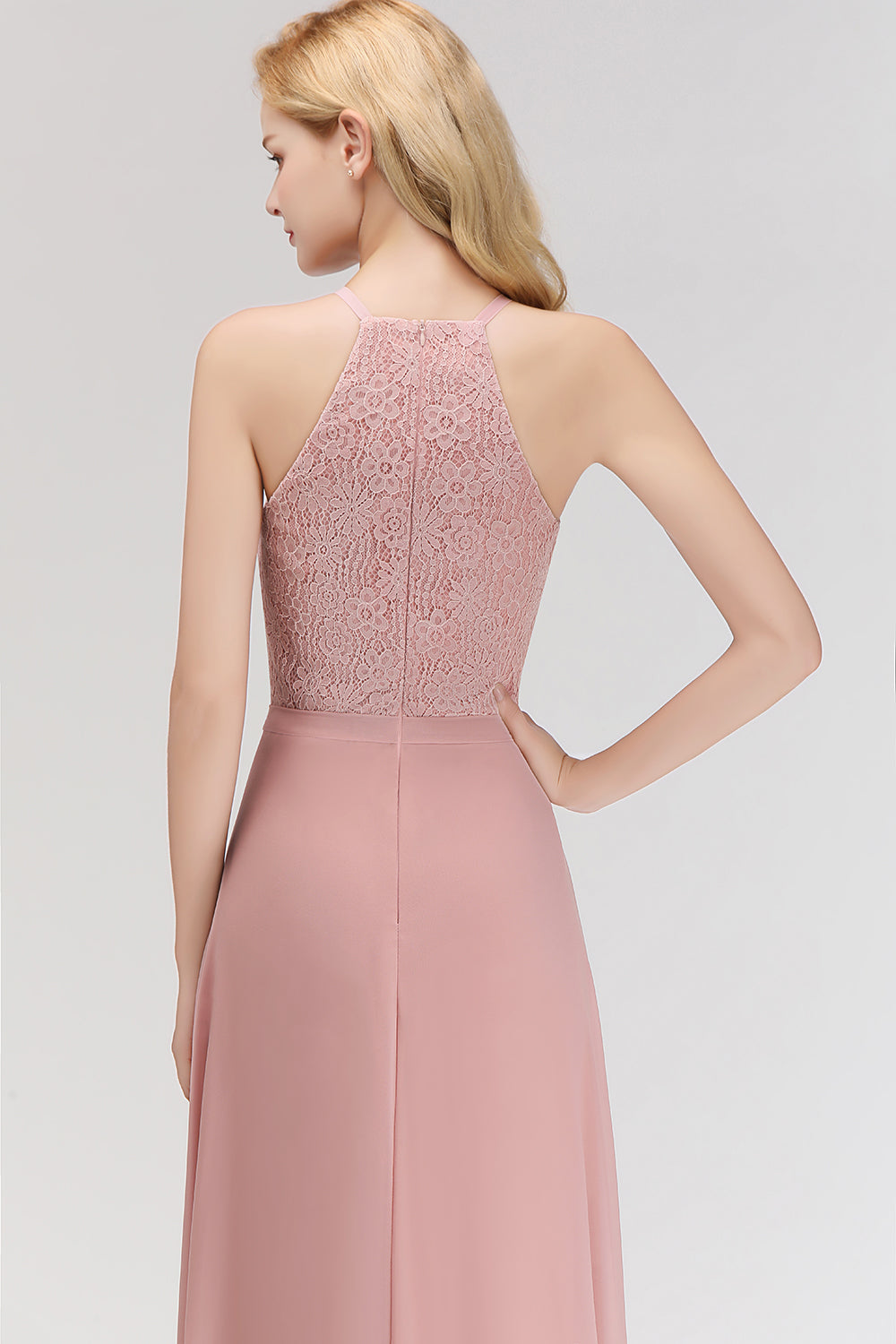 Gorgeous High-Neck Halter Lace Affordable Bridesmaid Dress with Ruffle