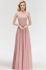 Gorgeous High-Neck Halter Lace Affordable Bridesmaid Dress with Ruffle