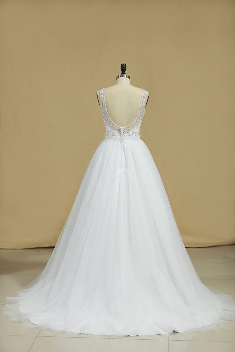 Gorgeous Jewel Beadings Tulle Wedding Dress Ruffles Sleeveless Bridal Gowns On Sale