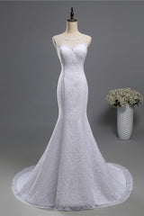 Gorgeous Jewel Lace Mermaid Wedding Dress Sleeveless Appliques Bridal Gowns with Rhinestones