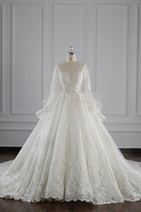 Gorgeous Jewel Lace Tulle Wedding Dress Long Sleeves Beadings Bridal Gowns On Sale