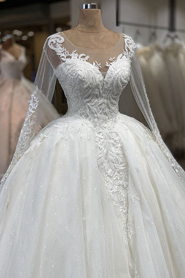 Gorgeous Jewel Longsleeves Lace Wedding Dresses A-line Tulle Ruffles Bridal Gowns With Appliques Online