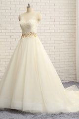 Gorgeous Jewel Sleeveless A-Line Tulle Wedding Dress Lace Appliques Bridal Gowns with Beadings