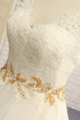 Gorgeous Jewel Sleeveless A-Line Tulle Wedding Dress Lace Appliques Bridal Gowns with Beadings