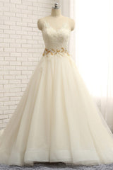 Gorgeous Jewel Sleeveless A-Line Tulle Wedding Dress Lace Appliques Bridal Gowns with Beadings