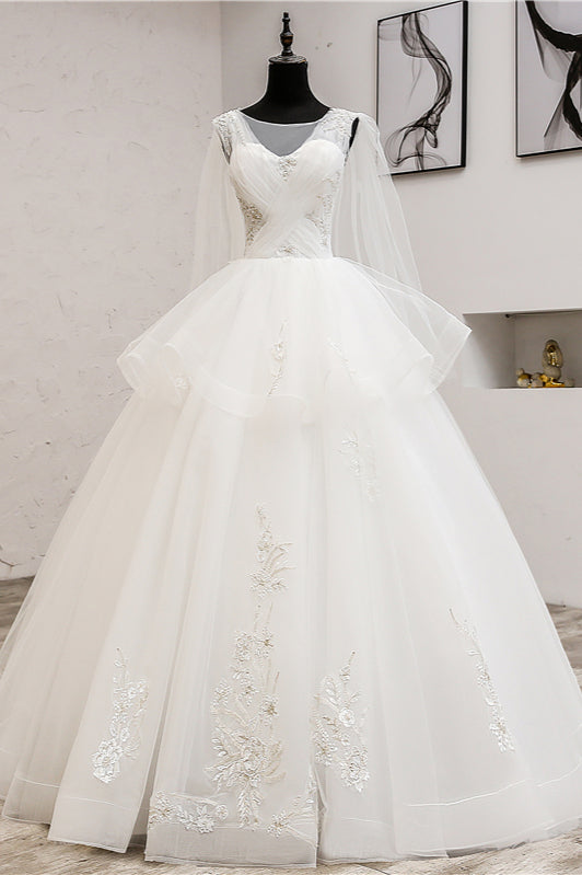 Gorgeous Jewel Sleeveless White Wedding Dress Tulle Appliques Bridal Gowns Online