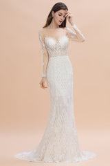 Gorgeous Jewel Tulle Lace Wedding Dress Long Sleeves Appliques Mermaid Bridal Gowns On Sale